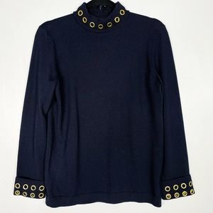 Tory Burch Navy Blue Small S Grommet Turtleneck Sweater Merino Wool Thick Knit